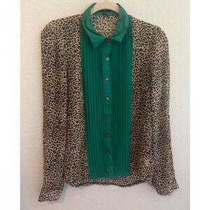 Roly Poly Leopard Print Blouse Green Pleated Front Button Sheer Long Sleeve M